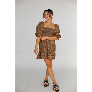 Faithfull the Brand NWT Elvira Mini Dress Cardette Floral US 6 Black Smocked